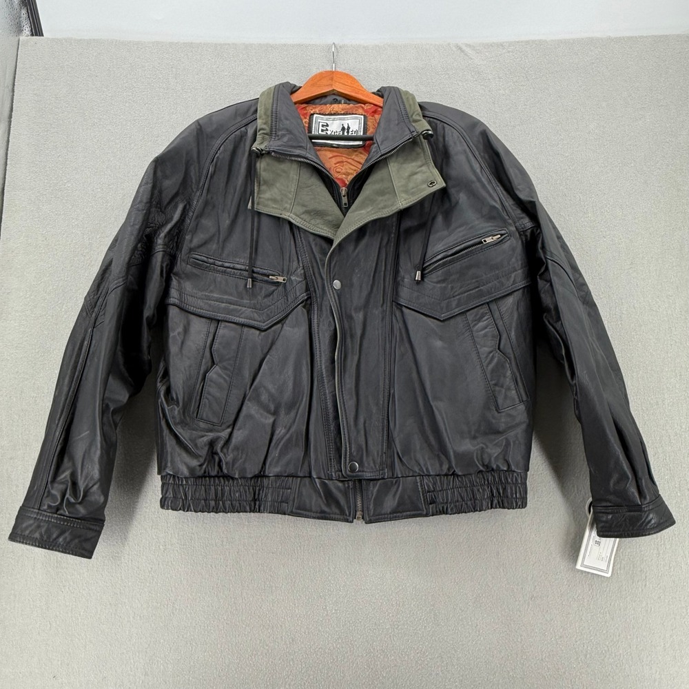 Vintage 80s Excelled Black Leather Bomber Paisley Lining Jacket Men XL